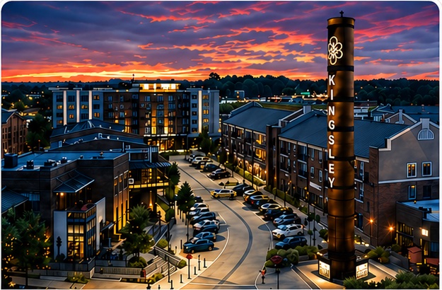 Kingsley Town Center at dusk